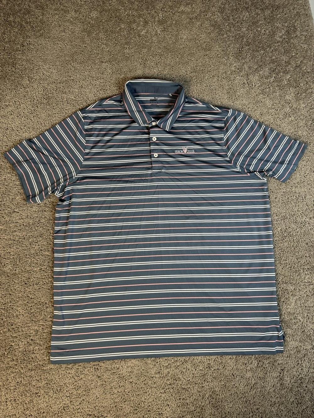 Puma Polo Shirt Mens 2XL Blue Striped Golf Heron Creek Moisture Wicking Stretch